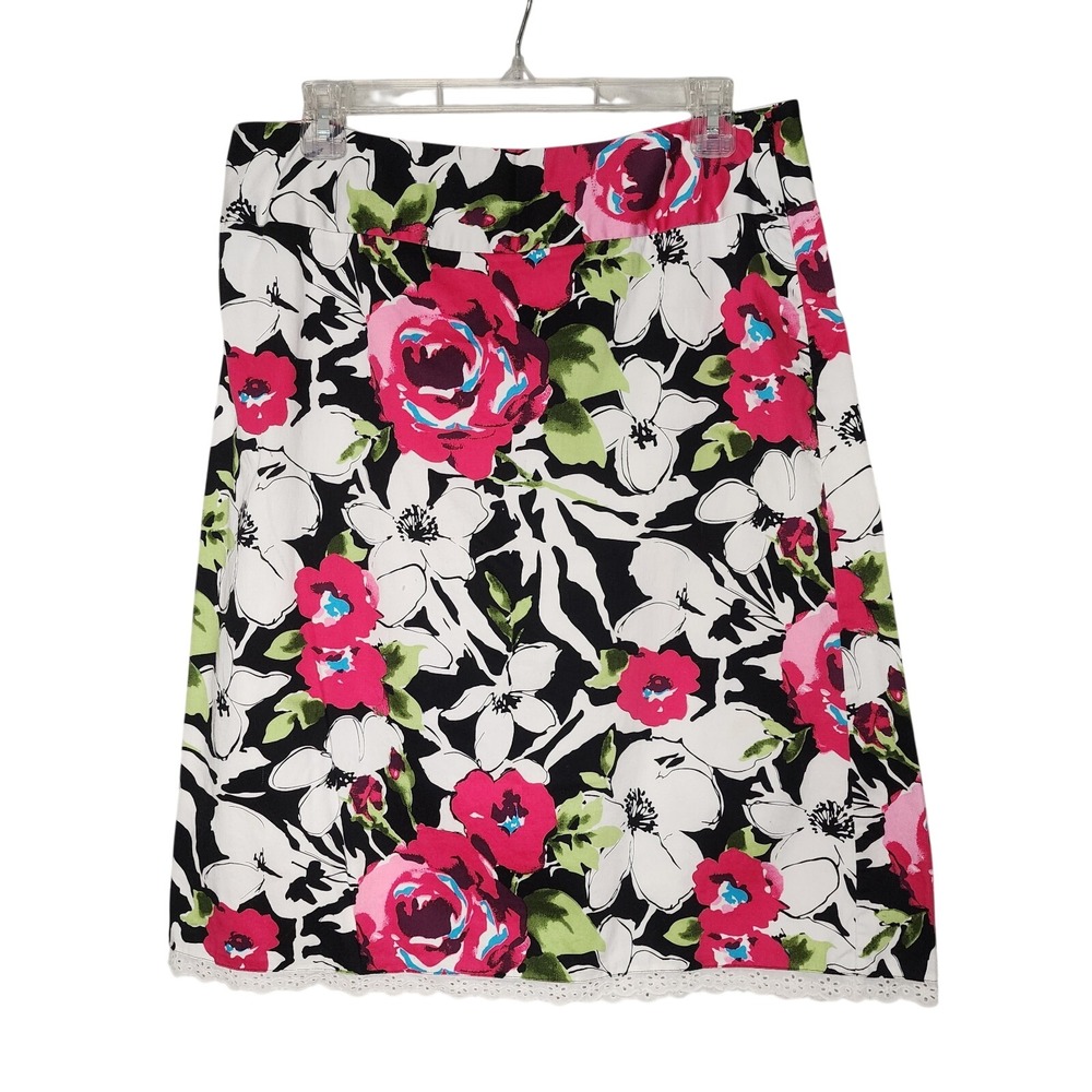 Y2K Vtg KIM ROGERS Size Medium Pink Rose Floral Print A-line Eyelet Trim Skirt